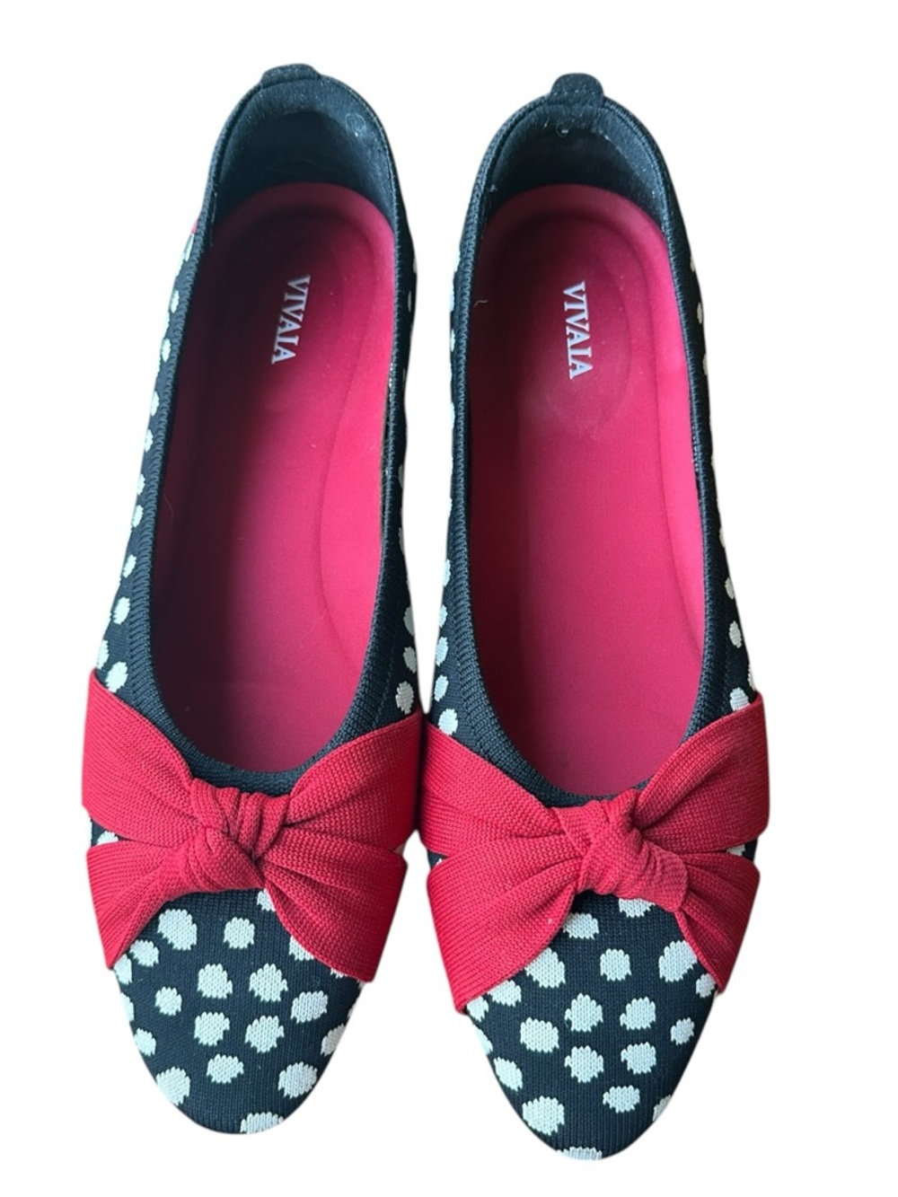 Vivaia Women's Almond Toe Ballet Flats Black with White Polka Dots & Red Bow 41